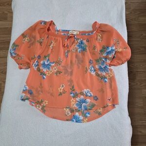 Hollister Women's Floral Blouse in Orange and Blue